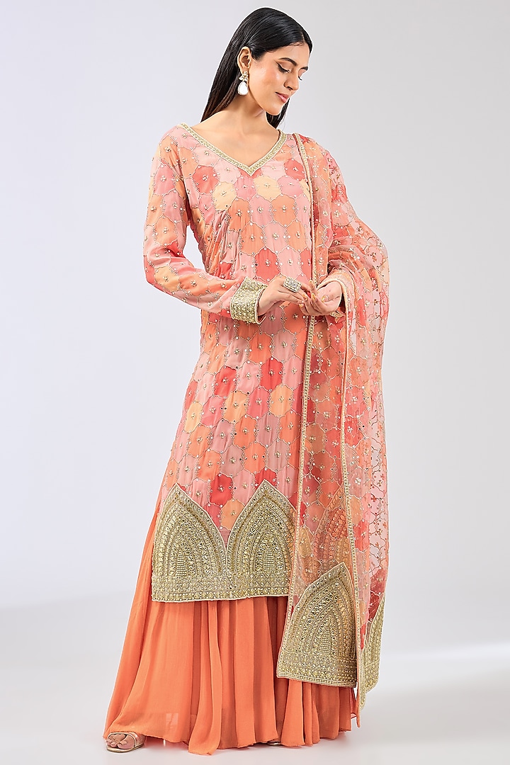 Orange Bandhani Hand Embroidered Kurta Set by Rabani & Rakha at Pernia's Pop Up Shop