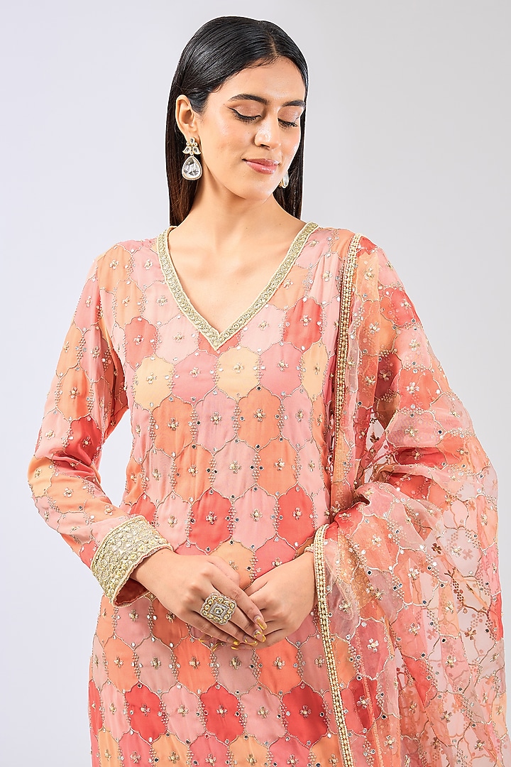 Orange Bandhani Hand Embroidered Kurta Set by Rabani & Rakha at Pernia's Pop Up Shop
