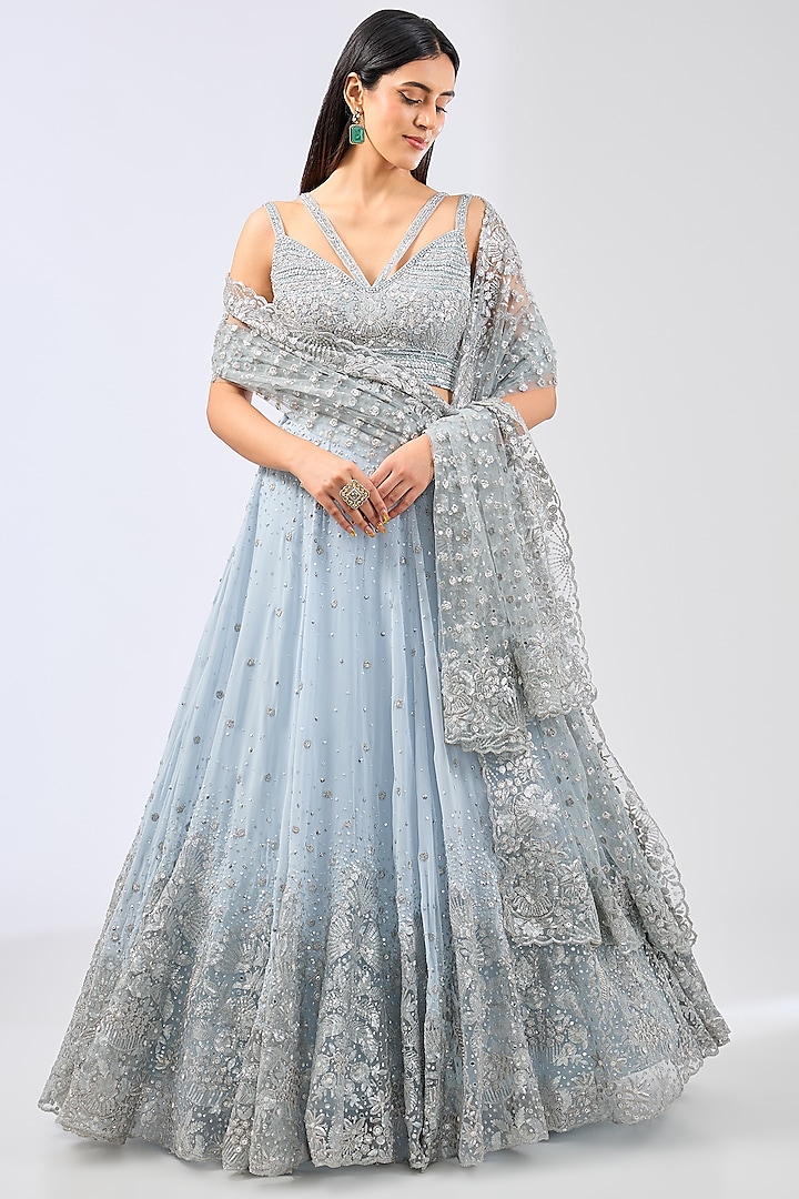 Pastel Blue Georgette Hand Embroidered Lehenga Set by Rabani & Rakha