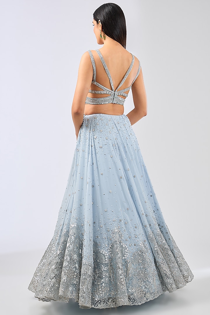 Pastel Blue Georgette Hand Embroidered Bridal Lehenga Set by Rabani & Rakha at Pernia's Pop Up Shop