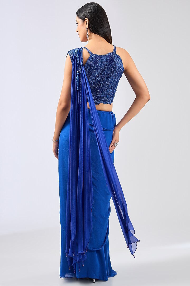 Royal Blue Georgette Pre-Stitched Wedding Saree Set by Rabani & Rakha at Pernia's Pop Up Shop