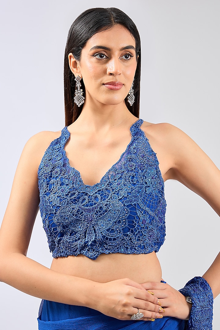 Royal Blue Georgette Pre-Stitched Wedding Saree Set by Rabani & Rakha at Pernia's Pop Up Shop