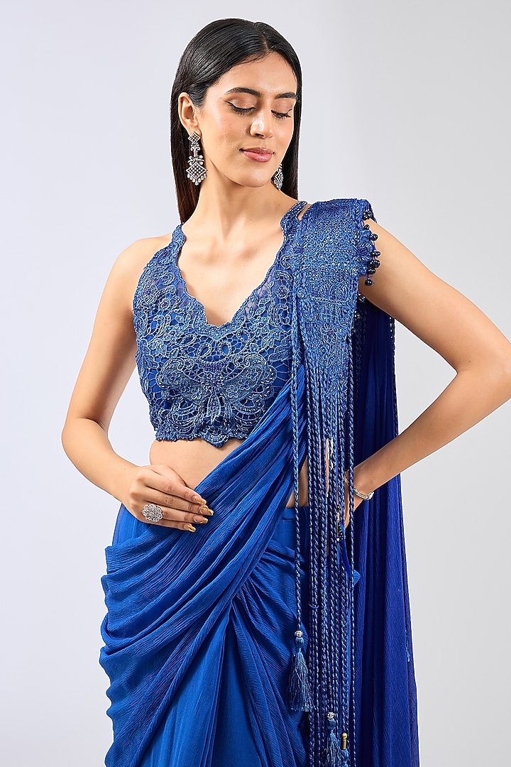 Royal Blue Georgette Pre-Stitched Wedding Saree Set by Rabani & Rakha at Pernia's Pop Up Shop