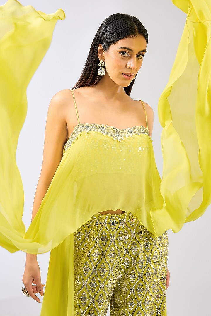 Yellow Georgette Mirror Work Pant Set by Rabani & Rakha at Pernia's Pop Up Shop