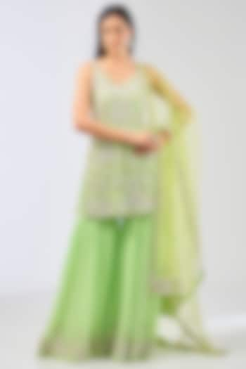 Lime Green Georgette Gharara Set by Rabani & Rakha at Pernia's Pop Up Shop