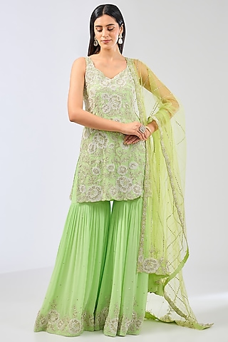 Lime Green Georgette Gharara Set by Rabani & Rakha