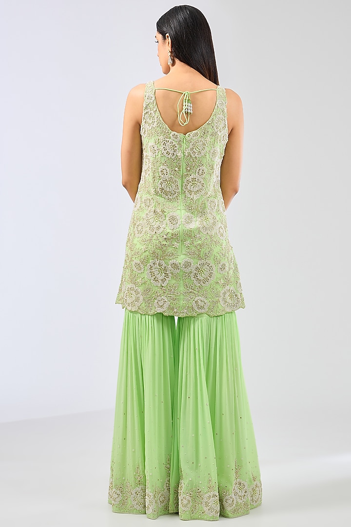 Lime Green Georgette Gharara Set by Rabani & Rakha at Pernia's Pop Up Shop