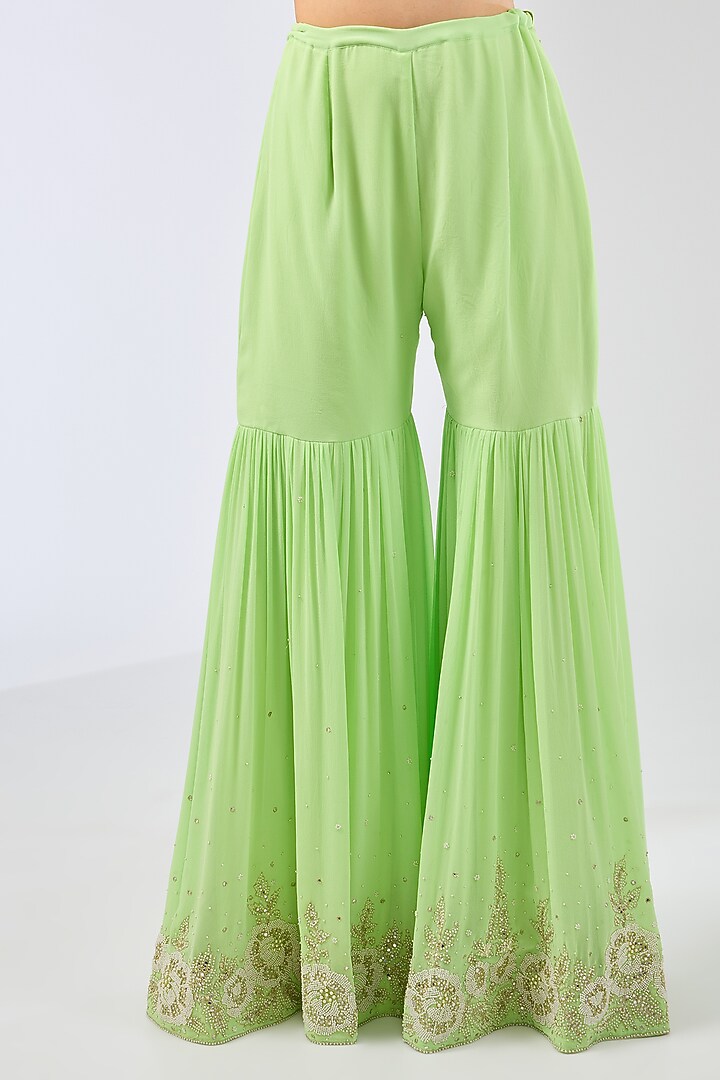 Lime Green Georgette Gharara Set by Rabani & Rakha at Pernia's Pop Up Shop