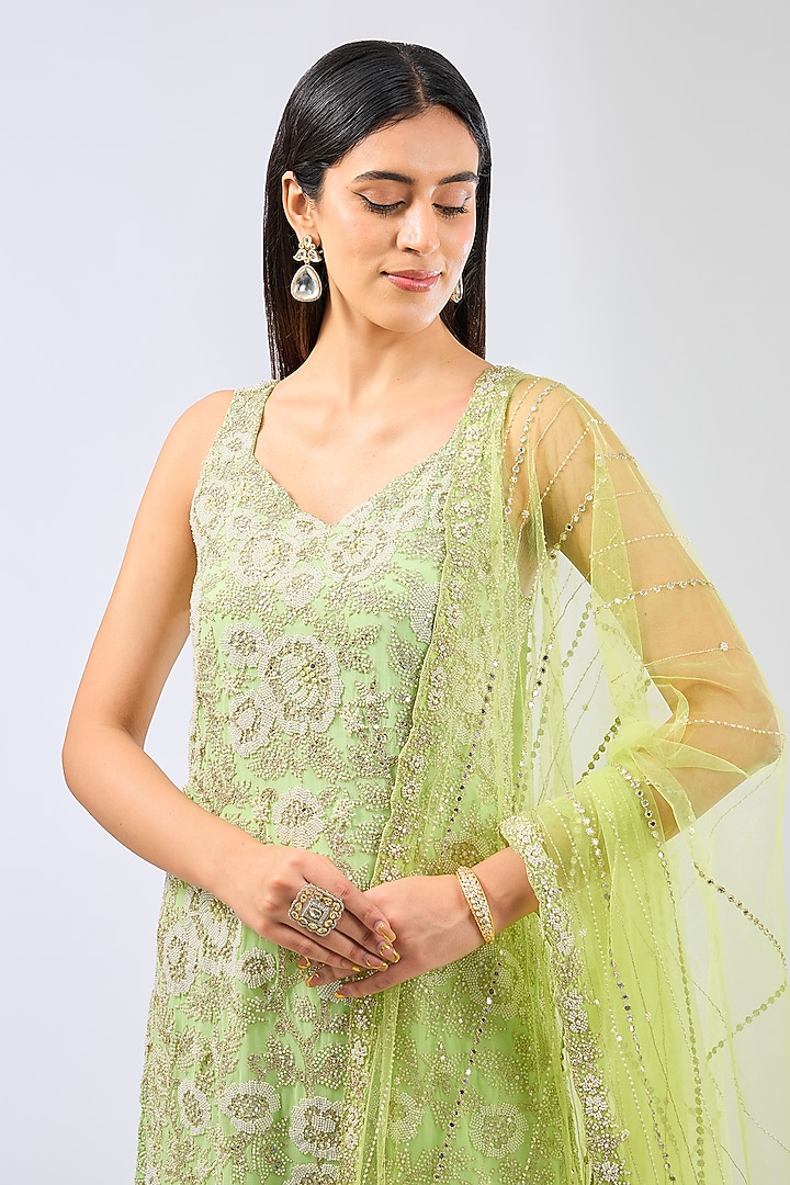 Lime Green Georgette Gharara Set by Rabani & Rakha at Pernia's Pop Up Shop