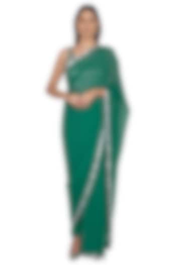 Emerald Green Georgette Sequins Embroidered Pant Wedding Saree Set by Rabani & Rakha at Pernia's Pop Up Shop