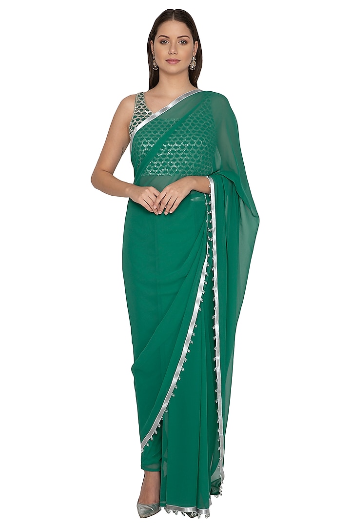 Emerald Green Georgette Sequins Embroidered Pant Saree Set by Rabani & Rakha