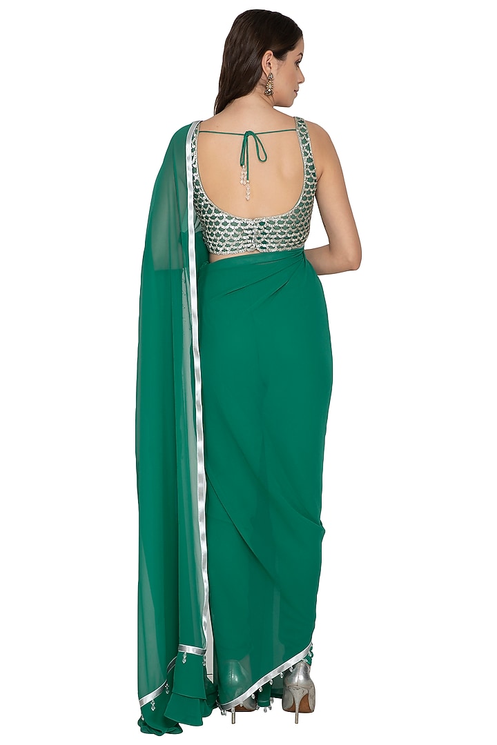 Emerald Green Georgette Sequins Embroidered Pant Wedding Saree Set by Rabani & Rakha at Pernia's Pop Up Shop