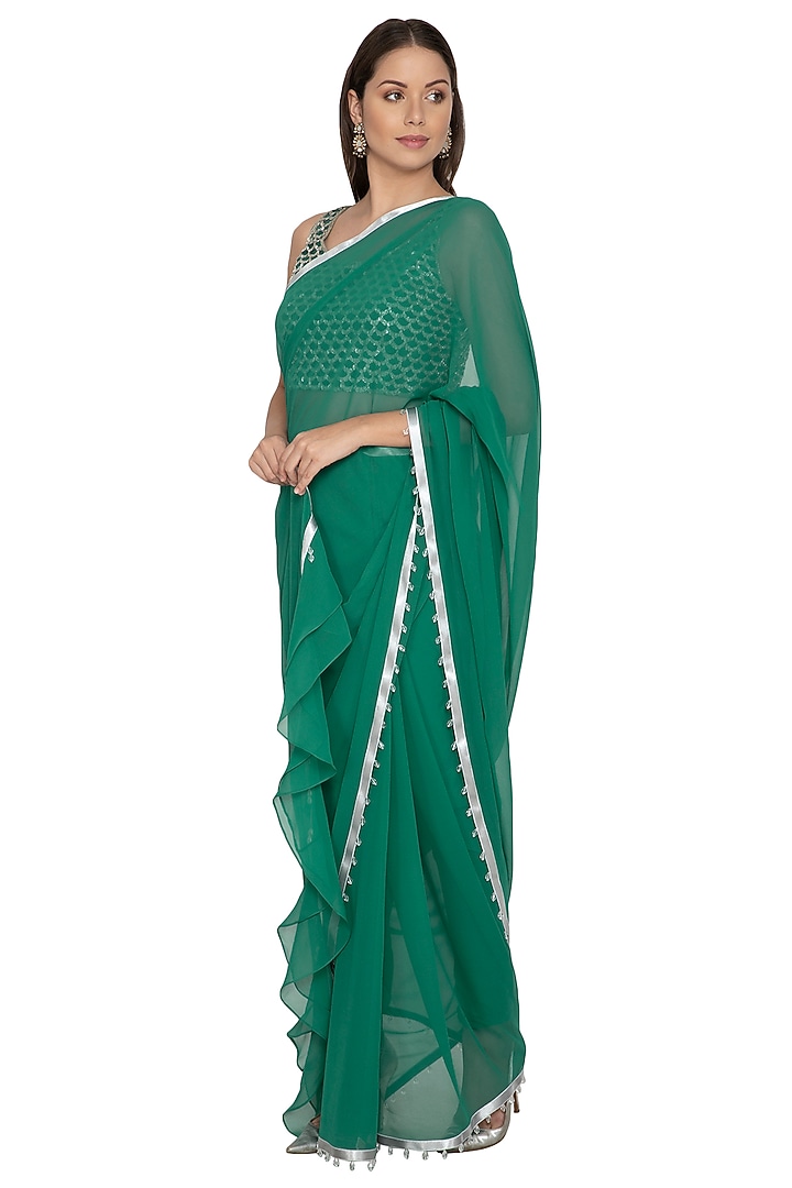 Emerald Green Georgette Sequins Embroidered Pant Wedding Saree Set by Rabani & Rakha at Pernia's Pop Up Shop
