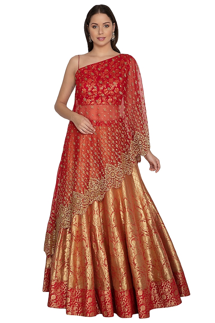 Red Banarsi Silk Cape Wedding Lehenga Set by Rabani & Rakha at Pernia's Pop Up Shop