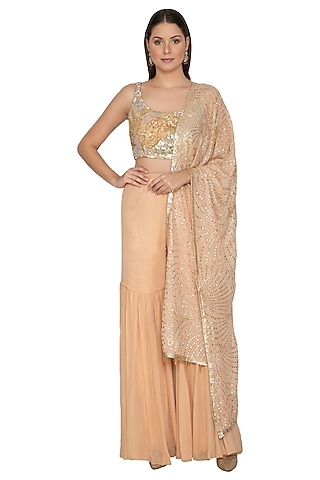 Peach Embroidered Shimmer Sharara Set by Rabani & Rakha