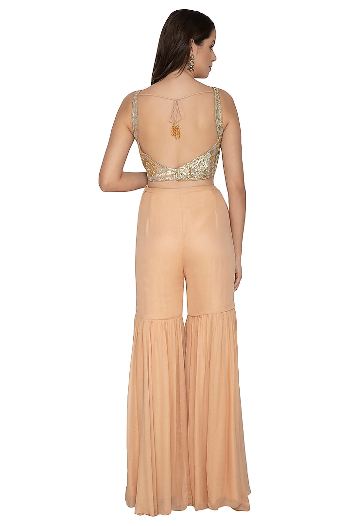 Peach Embroidered Shimmer Bridal Sharara Set by Rabani & Rakha at Pernia's Pop Up Shop
