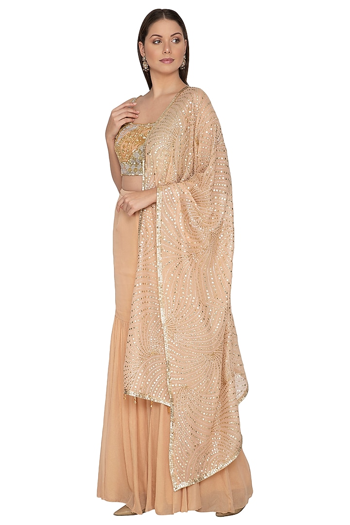 Peach Embroidered Shimmer Bridal Sharara Set by Rabani & Rakha at Pernia's Pop Up Shop