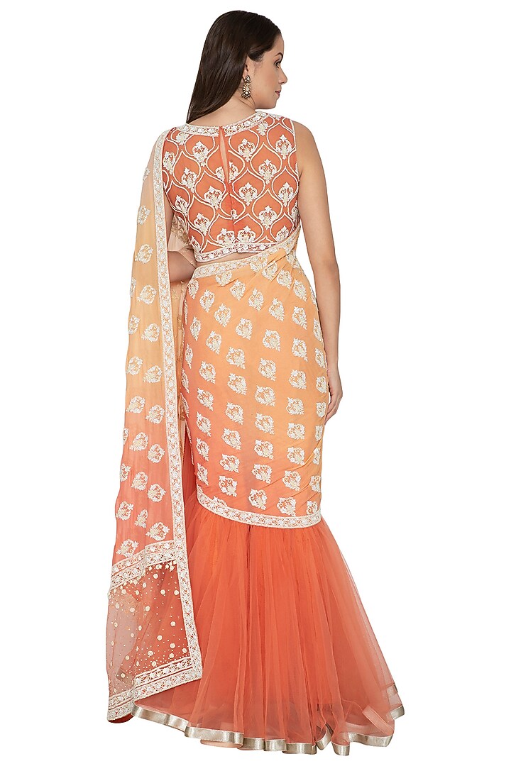 Peach Georgette Reception Lehenga Saree Set by Rabani & Rakha at Pernia's Pop Up Shop