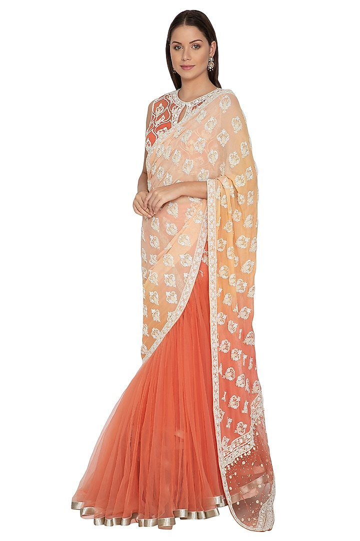 Peach Georgette Reception Lehenga Saree Set by Rabani & Rakha at Pernia's Pop Up Shop