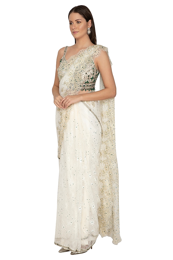Ivory Embroidered Reception Saree Set by Rabani & Rakha at Pernia's Pop Up Shop