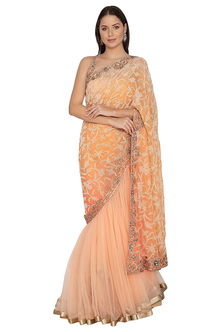 Peach Georgette Shimmer Lehenga Saree Set by Rabani & Rakha at Pernia's Pop Up Shop