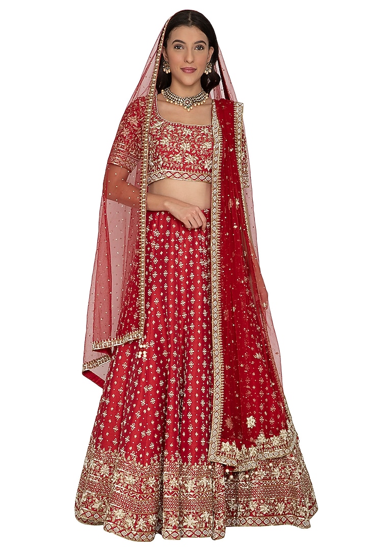 Red Embroidered Bridal Lehenga Set by Rabani & Rakha at Pernia's Pop Up Shop