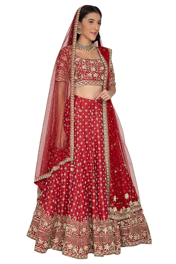 Red Embroidered Bridal Lehenga Set by Rabani & Rakha at Pernia's Pop Up Shop