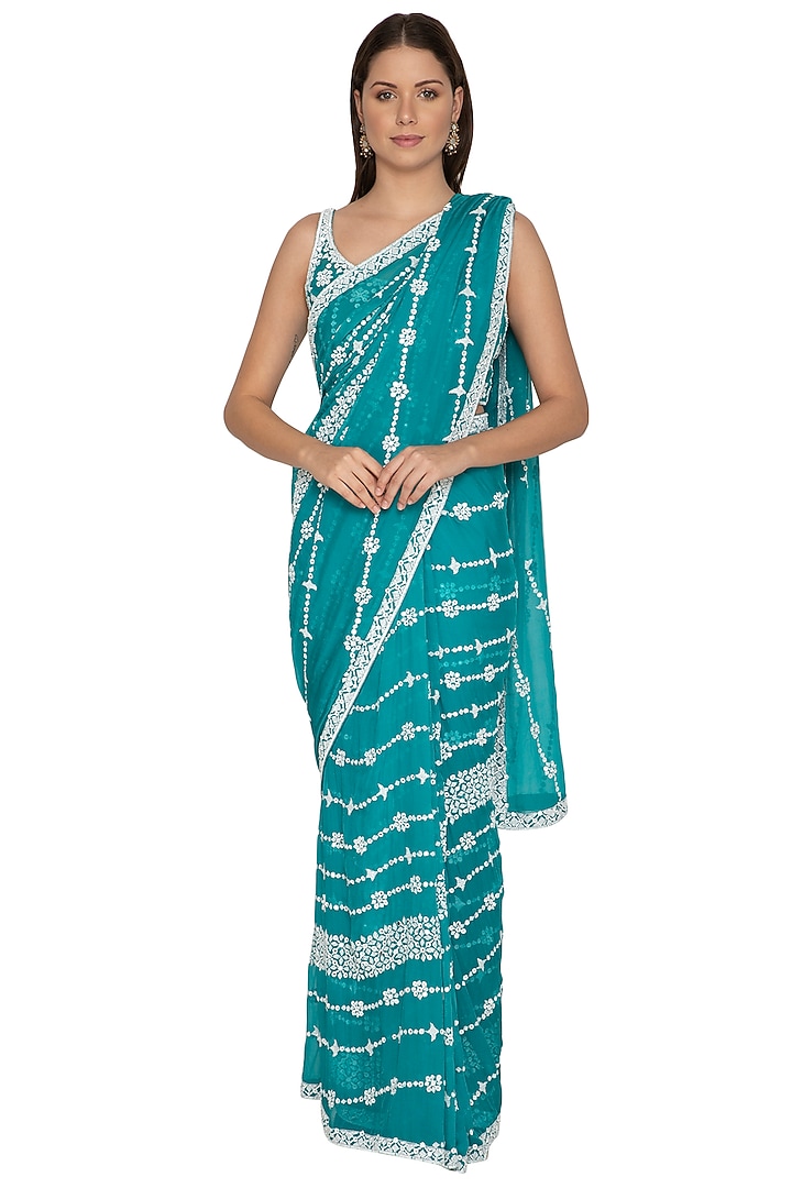 Turquoise Blue Chiffon Sequins Embroidered Reception Saree Set by Rabani & Rakha at Pernia's Pop Up Shop