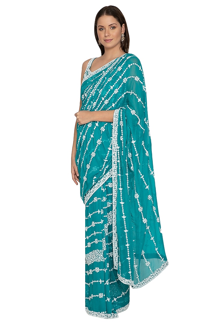 Turquoise Blue Chiffon Sequins Embroidered Reception Saree Set by Rabani & Rakha at Pernia's Pop Up Shop