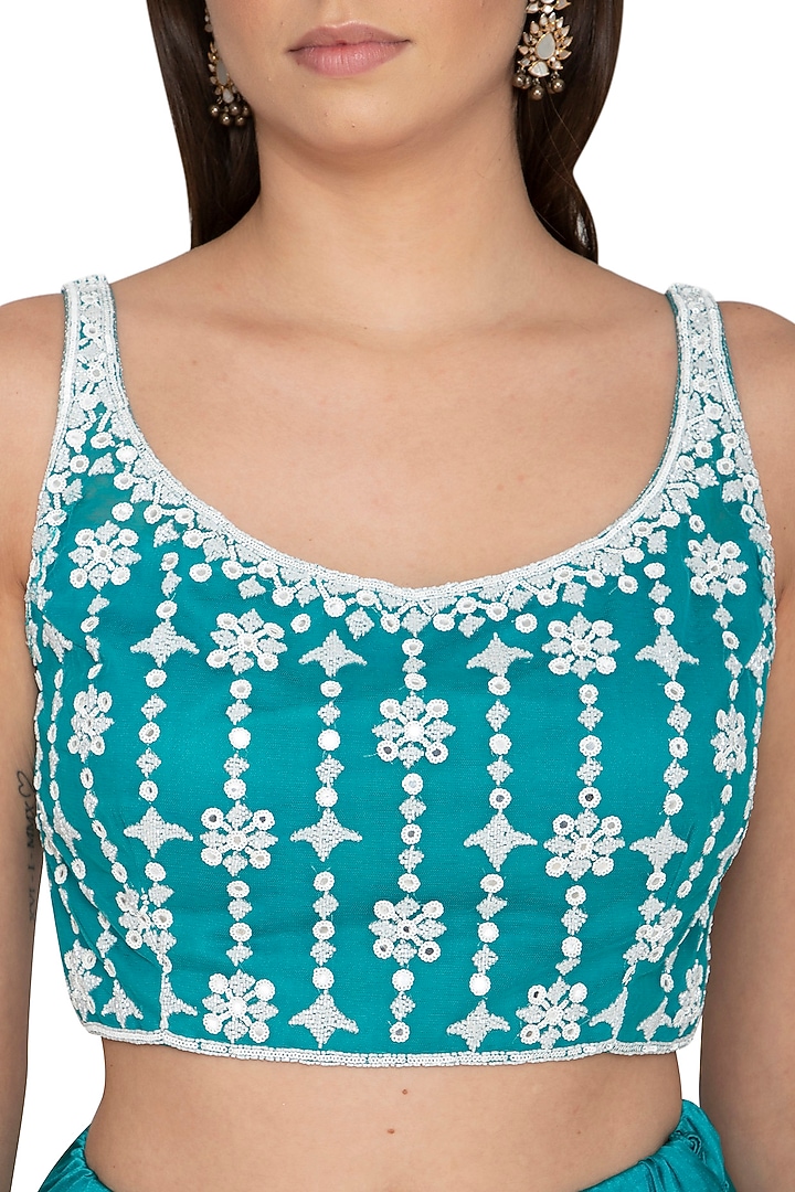 Turquoise Blue Chiffon Sequins Embroidered Reception Saree Set by Rabani & Rakha at Pernia's Pop Up Shop