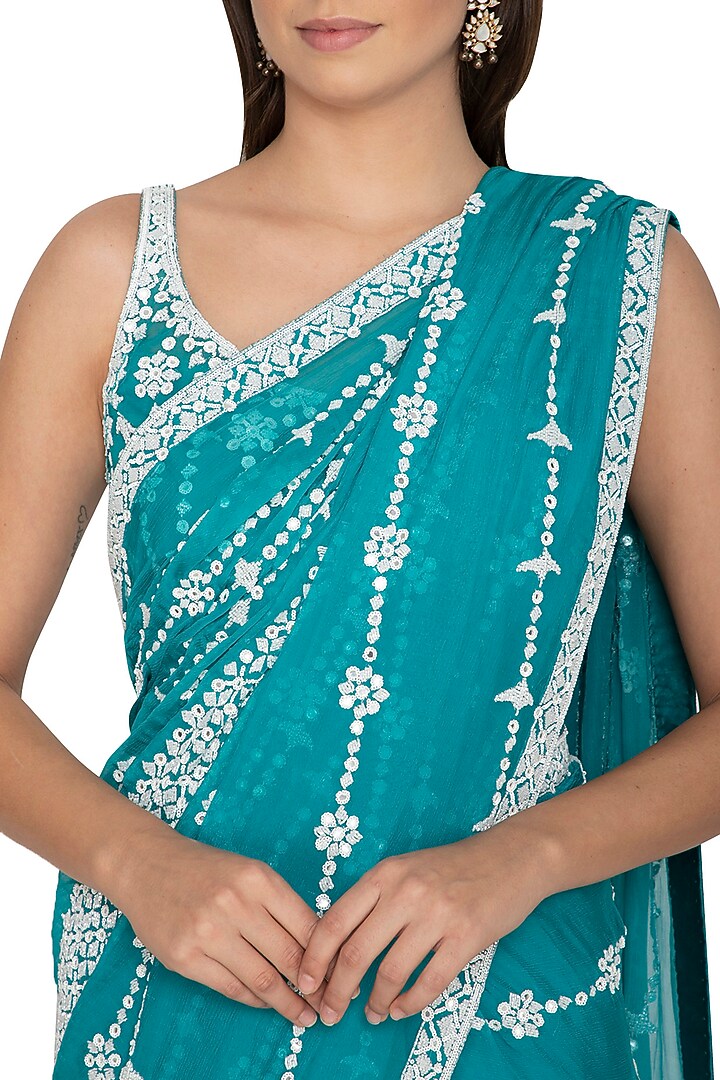 Turquoise Blue Chiffon Sequins Embroidered Reception Saree Set by Rabani & Rakha at Pernia's Pop Up Shop
