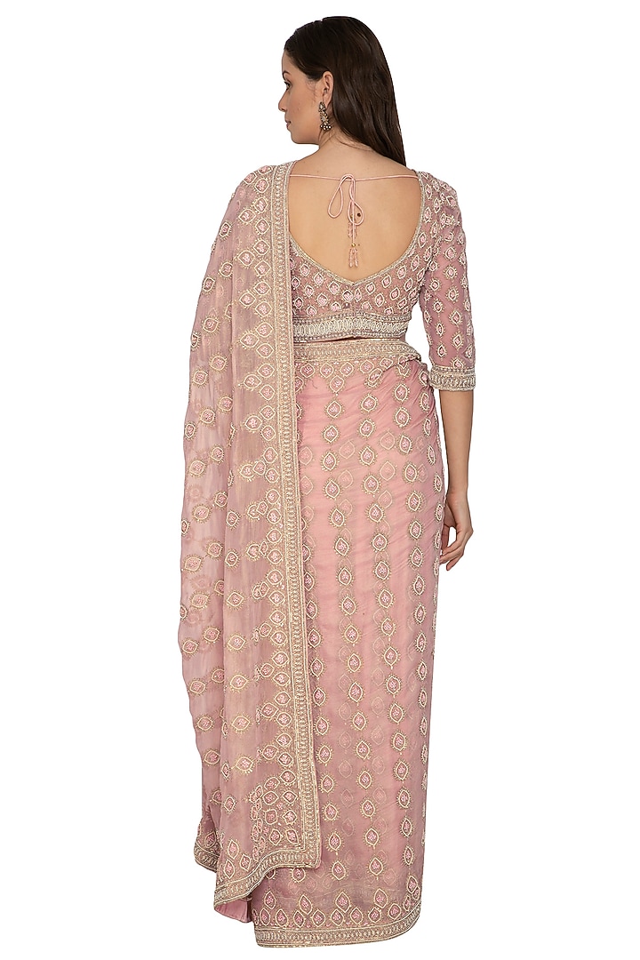 Blush Pink Chiffon Pearl Embroidered Shimmer Bridal Saree Set by Rabani & Rakha at Pernia's Pop Up Shop