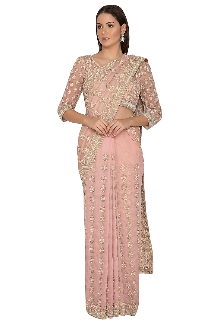 Blush Pink Chiffon Pearl Embroidered Shimmer Bridal Saree Set by Rabani & Rakha at Pernia's Pop Up Shop