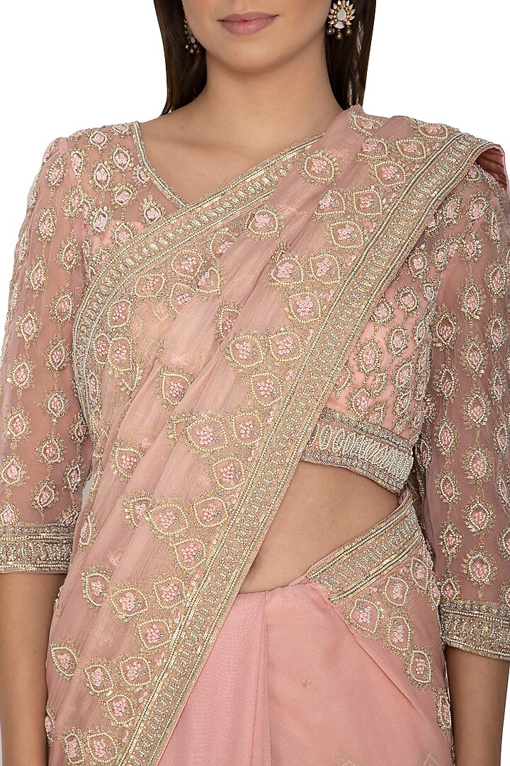 Blush Pink Chiffon Pearl Embroidered Shimmer Bridal Saree Set by Rabani & Rakha at Pernia's Pop Up Shop