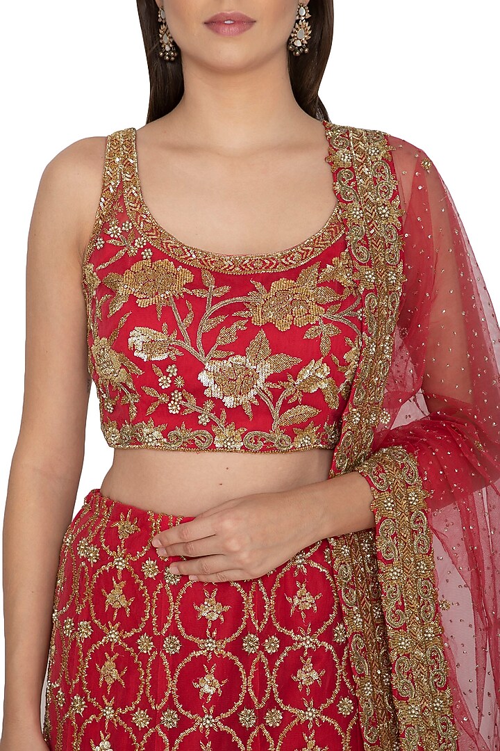 Red Embroidered Net Bridal Lehenga Set by Rabani & Rakha at Pernia's Pop Up Shop
