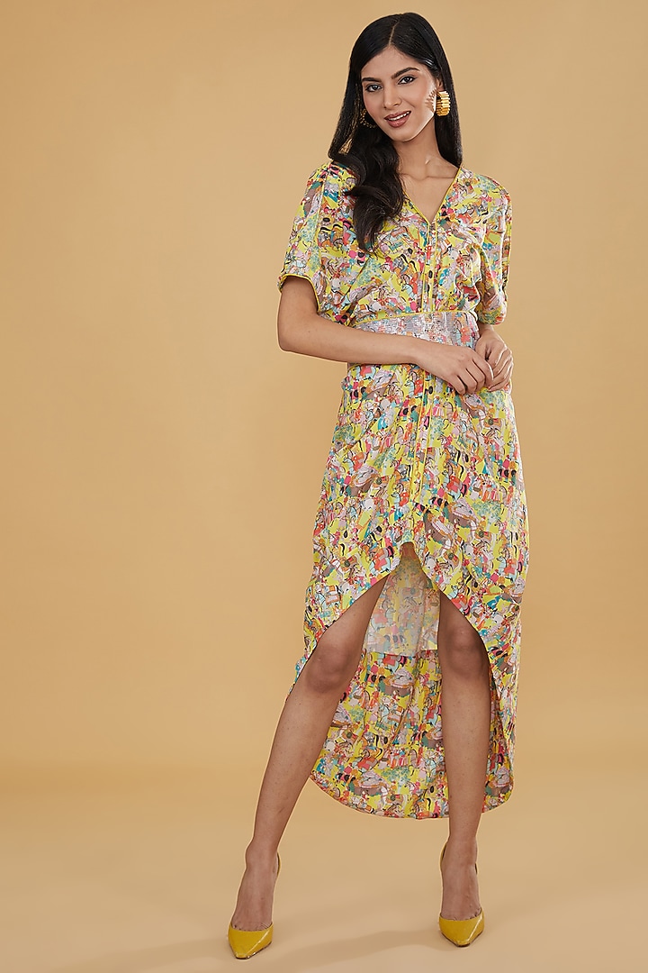 Yellow Crepe Printed Knee-Length Vacation Dress by Rabani & Rakha at Pernia's Pop Up Shop
