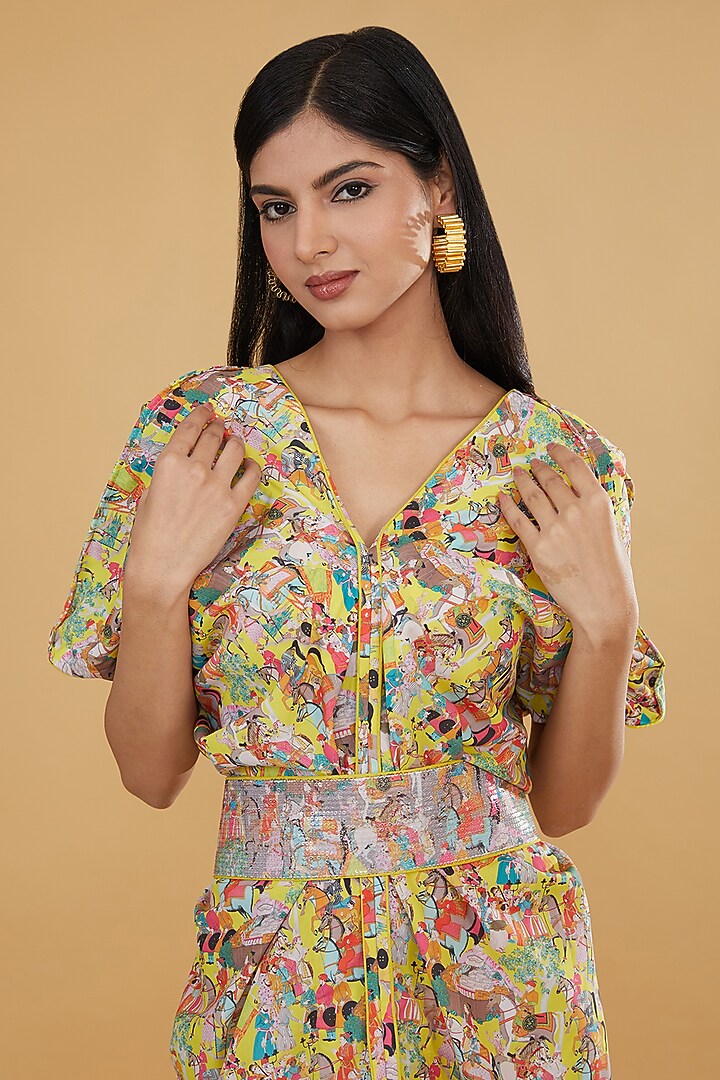 Yellow Crepe Printed Knee-Length Vacation Dress by Rabani & Rakha at Pernia's Pop Up Shop