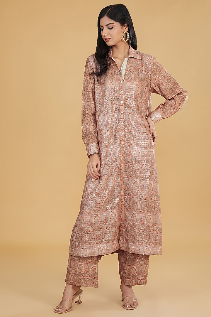 Pale Peach Crepe Jamavar Printed Co-Ord Set by Rabani & Rakha at Pernia's Pop Up Shop