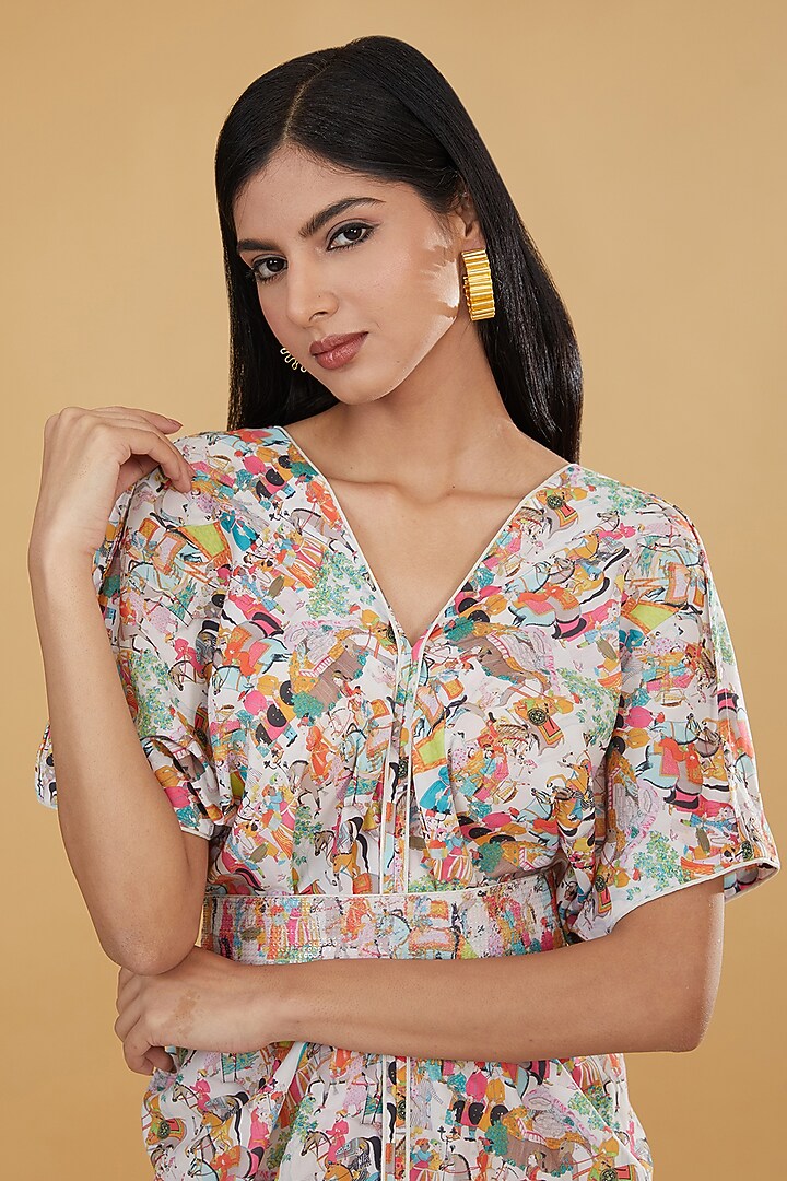 Ivory Crepe Printed Knee-Length Vacation Dress by Rabani & Rakha at Pernia's Pop Up Shop