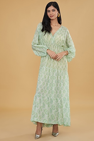 Lime Green Georgette & Tabby Silk Printed Tiered Maxi Dress by Rabani & Rakha