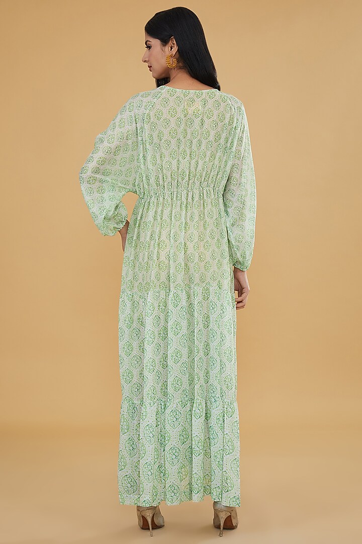 Lime Green Georgette & Tabby Silk Printed Tiered Maxi Vacation Dress by Rabani & Rakha at Pernia's Pop Up Shop