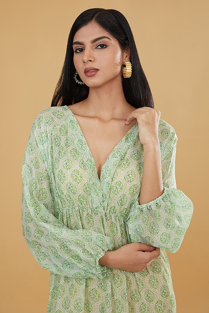 Lime Green Georgette & Tabby Silk Printed Tiered Maxi Vacation Dress by Rabani & Rakha at Pernia's Pop Up Shop