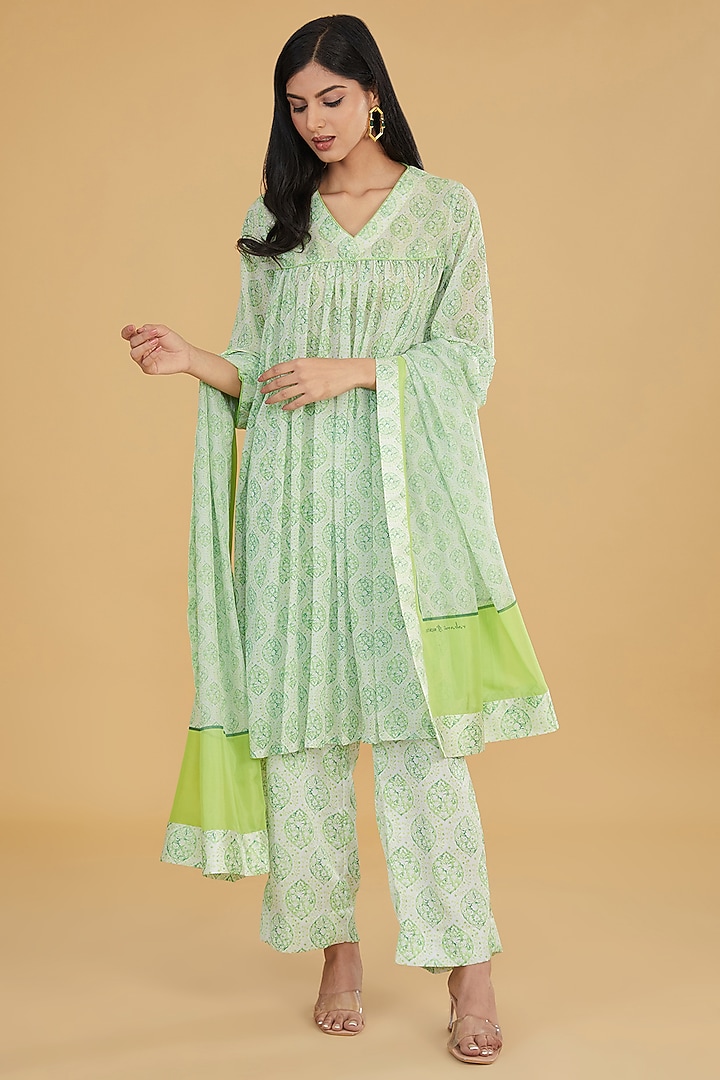 Lime Green Georgette Butta Printed Kurta Set by Rabani & Rakha at Pernia's Pop Up Shop
