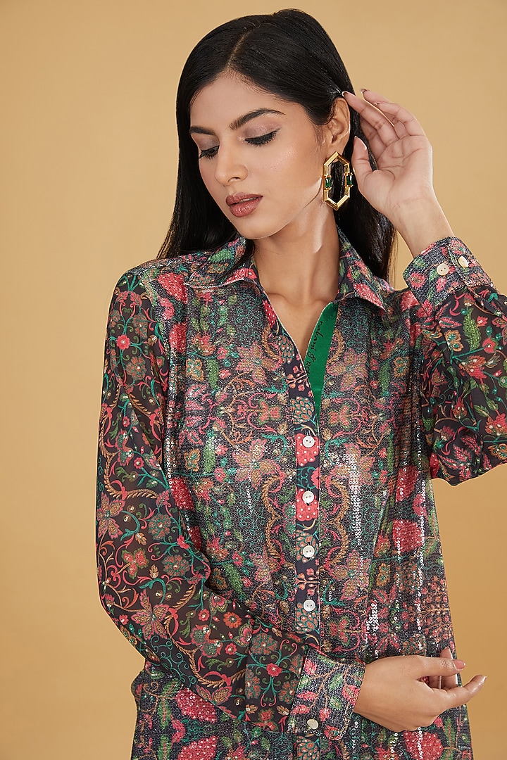 Black & Red Georgette Printed Co-Ord Set by Rabani & Rakha at Pernia's Pop Up Shop