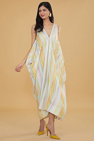 Light Yellow Crepe Striped Printed Maxi Dress by Rabani & Rakha