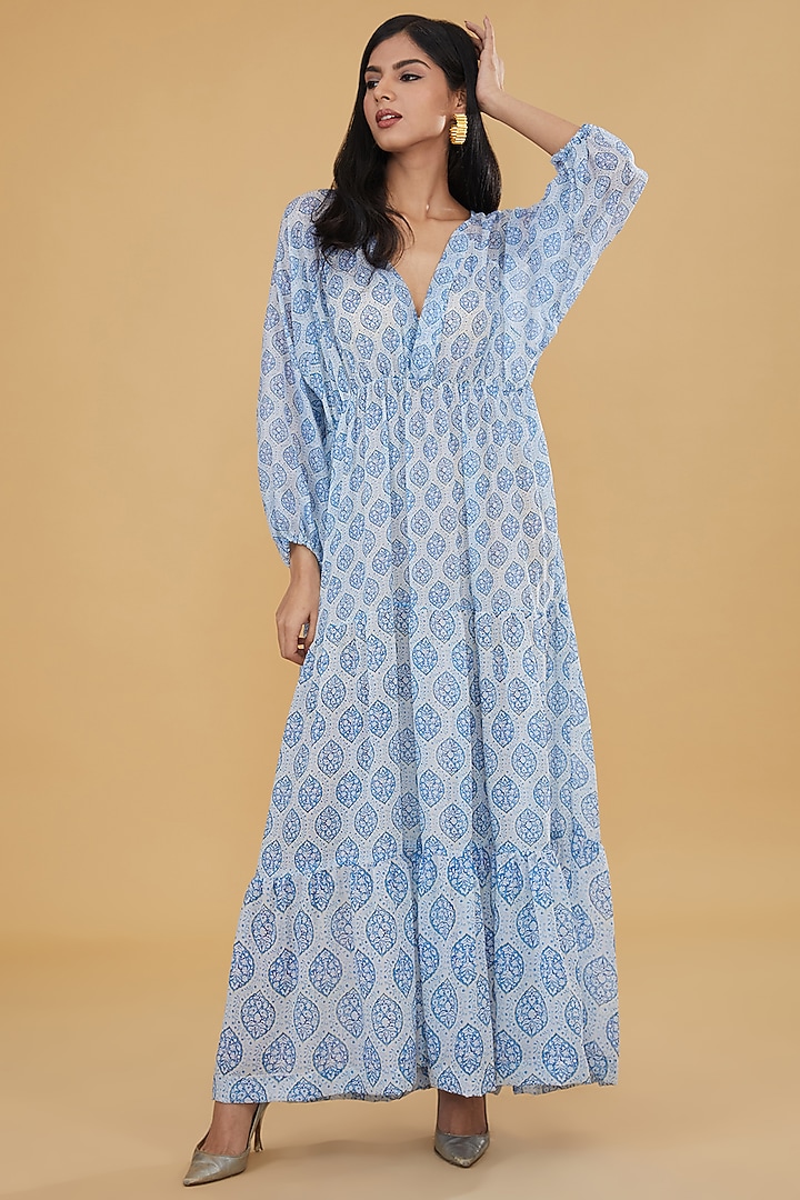 Blue Georgette & Tabby Silk Printed Tiered Maxi Vacation Dress by Rabani & Rakha at Pernia's Pop Up Shop