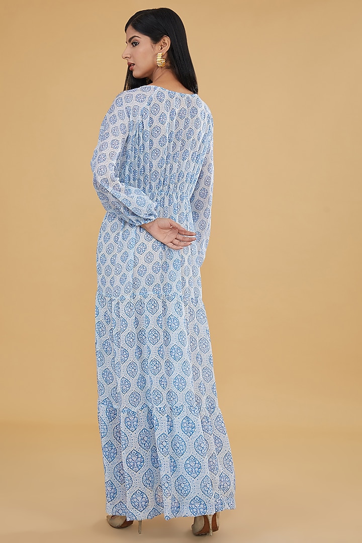 Blue Georgette & Tabby Silk Printed Tiered Maxi Vacation Dress by Rabani & Rakha at Pernia's Pop Up Shop