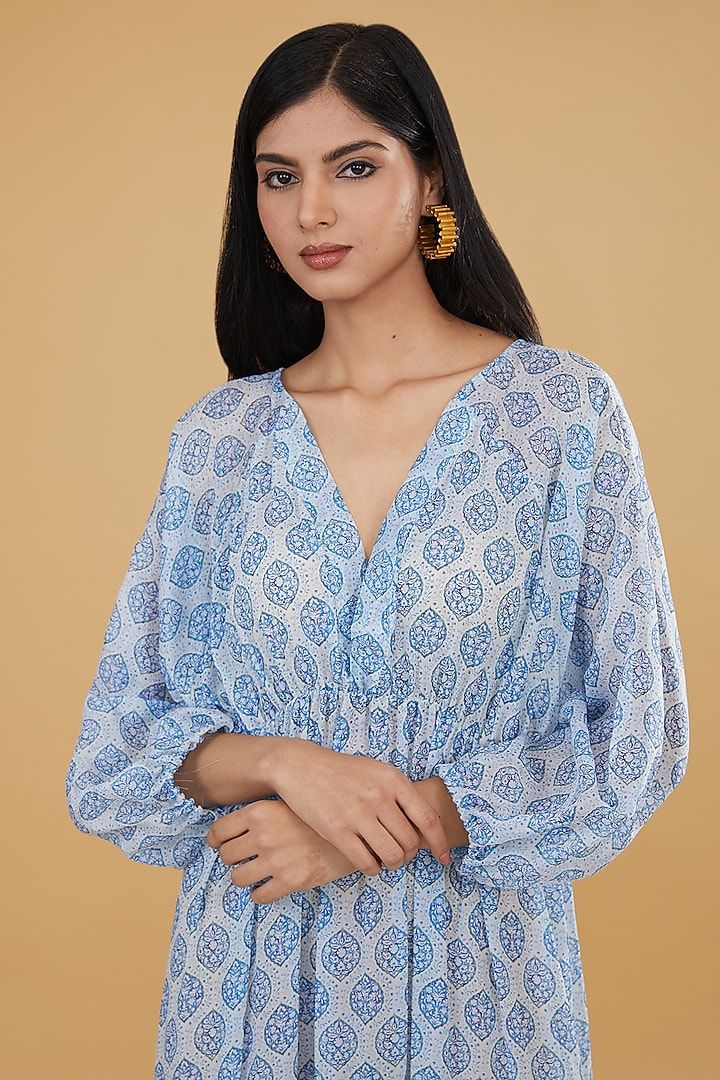 Blue Georgette & Tabby Silk Printed Tiered Maxi Vacation Dress by Rabani & Rakha at Pernia's Pop Up Shop