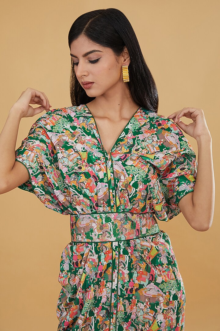 Green Crepe Printed Knee-Length Vacation Dress by Rabani & Rakha at Pernia's Pop Up Shop
