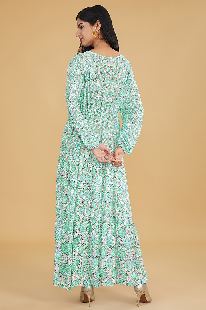 Aqua Georgette Printed Tiered Maxi Vacation Dress by Rabani & Rakha at Pernia's Pop Up Shop